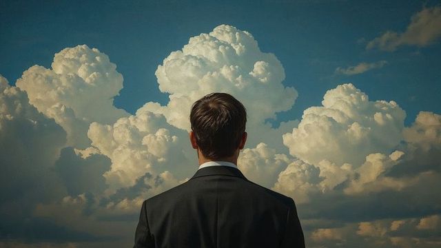 Man in suit standing under cumulus clouds watching sky