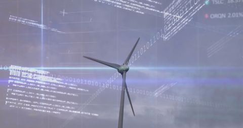 Wind Turbine with Abstract Digital Data Overlay on Cloudy Day
