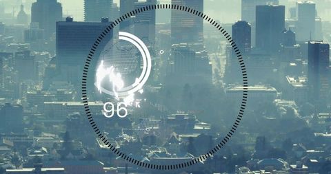 Futuristic HUD Overlay Displaying Global Data and Circular Gauge Over Hazy Urban Skyline