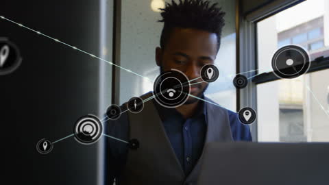 Man Using Laptop with Network Connections Overlay in Modern Office