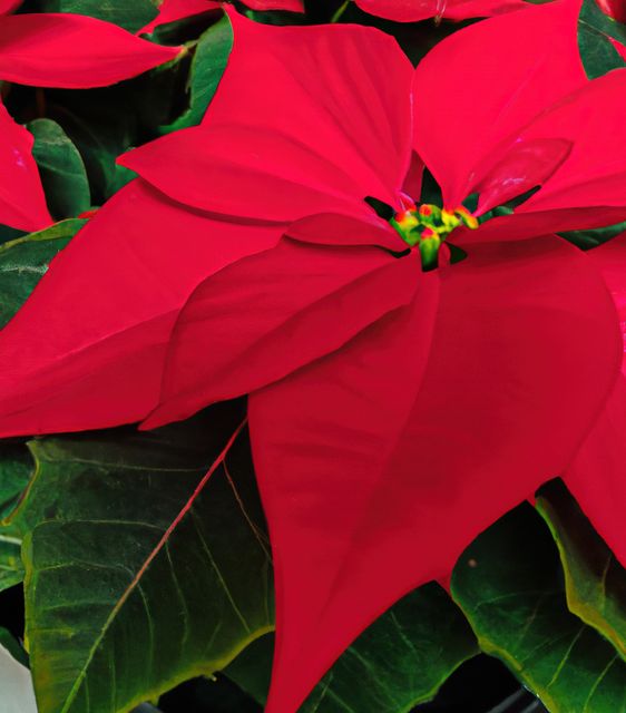 This close-up captures the vibrant red petals and green foliage of a poinsettia flower, commonly associated with the Christmas season. Ideal for festive marketing materials, holiday greeting cards, and decorative prints.