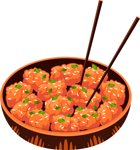 Vector bowl of sesame balls with scallions and chopsticks on transparent background