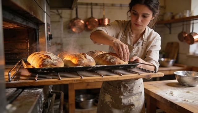 Female baker removing steaming artisan loaves from oven in rustic bakery kitchen