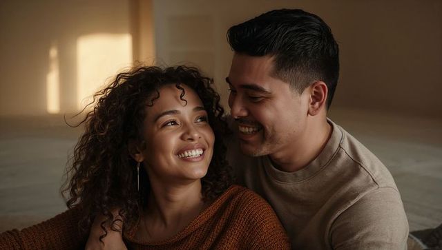 Smiling young couple sharing intimate moment in minimal sunlit interior, cozy home warmth