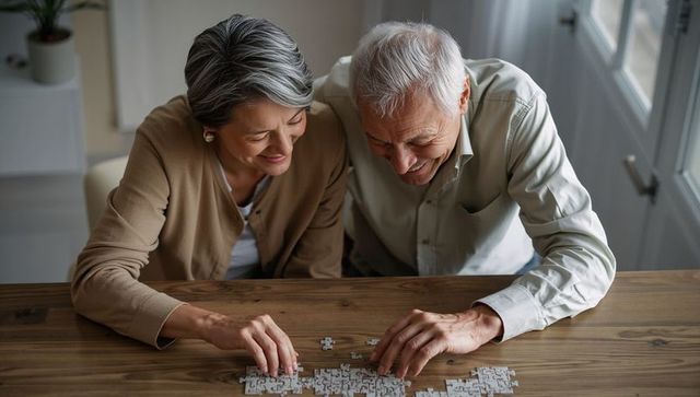 Senior couple assembling jigsaw puzzle on wooden table smiling together
