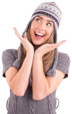 Transparent Joyful Woman Wearing Woolen Winter Hat with Enthusiastic Pose