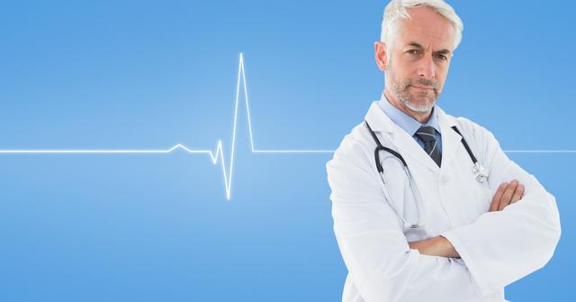 Perfect for use in healthcare advertisements, medical practice websites, and presentations highlighting medical expertise. The doctor’s confident pose alongside the heartbeat graphic background visually represents medical authority and trust.