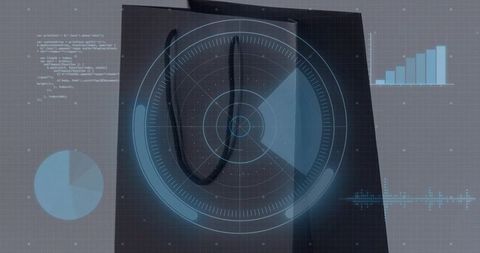 Dark shopping bag with futuristic hud overlay showing radar, charts and data analytics