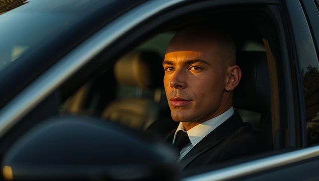 Suited executive gazing through driver window at golden hour - luxury car interior portrait