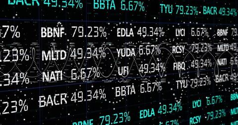 Digital stock ticker displaying symbols and percentage data with wave and grid overlay