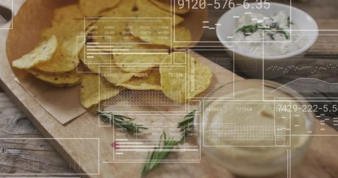 Rustic tortilla chips and creamy dips on wooden board with futuristic hud overlay