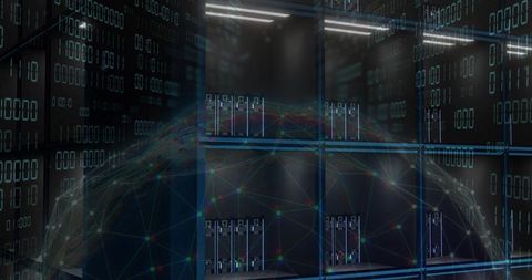 Futuristic data center server racks projecting digital network globe with binary mesh visualization