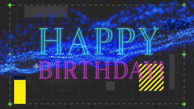 This animated graphic features Happy Birthday text in vibrant neon colors with digital interface shapes and effects. Ideal for use in social media greetings, birthday messages, digital invitations, and festive visual content. It adds a modern and celebratory touch to digital interactions, enhancing visual appeal in birthday-themed posts and stories.