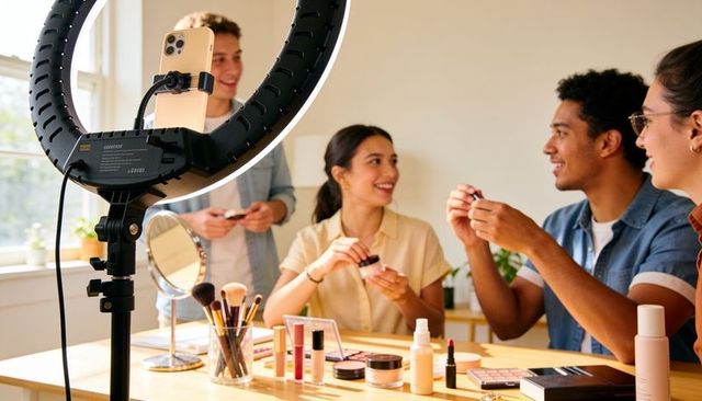 Group of beauty creators filming makeup tutorial with ring light and brushes
