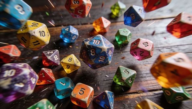 Worn blue d20 tumbling with colorful polyhedral dice and sparks on wooden tabletop