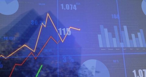 Financial dashboard overlaying stock charts on blurred mountain landscape for analytics