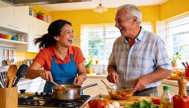 Laughing couple cooking together in bright kitchen, stirring pot and whisking salad