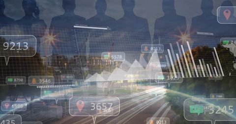 Silhouetted Business Team Overlayers with Urban Analytics and Traffic Flow - Download Free Stock Images Pikwizard.com