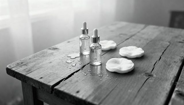 Minimal skincare serum droppers on rustic wooden table with cotton pads, monochrome