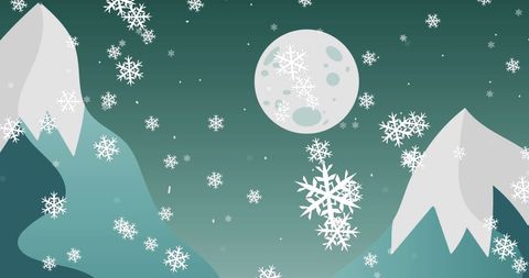 Illustration of Santa Claus on sled pulled by reindeers flying across night sky above snowy mountains with large full moon. Snowflakes gently falling enhance serene festive ambiance. Ideal for holiday greetings, Christmas decoration themes, traditional festivity concepts, or seasonal event invitations.