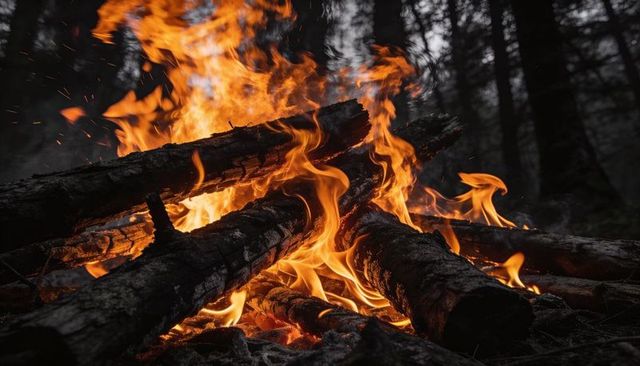 Crackling bonfire burning stacked logs in moody forest clearing at dusk