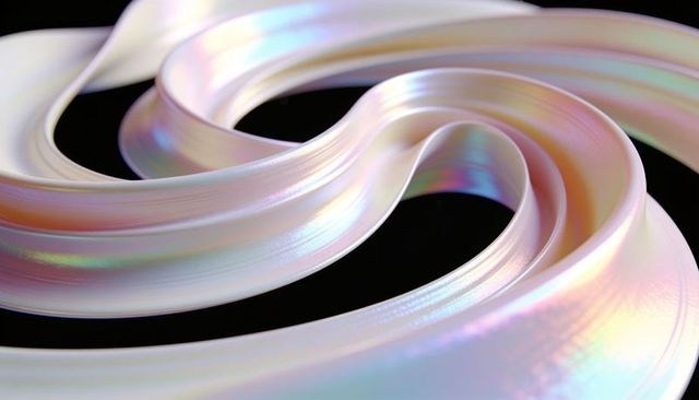 Iridescent pearlescent ribbon sculpture glossy satin curves on deep black studio backdrop