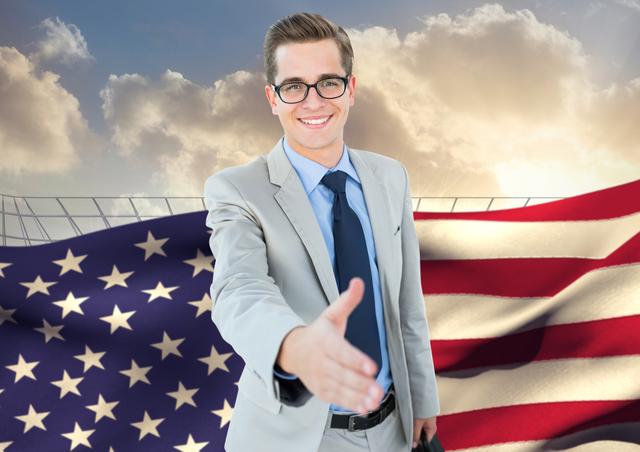 Smiling Businessman Offering Handshake with American Flag Background - Download Free Stock Photos Pikwizard.com
