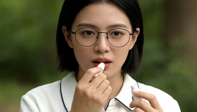 Asian woman applying lip balm wearing round glasses white shirt in park portrait