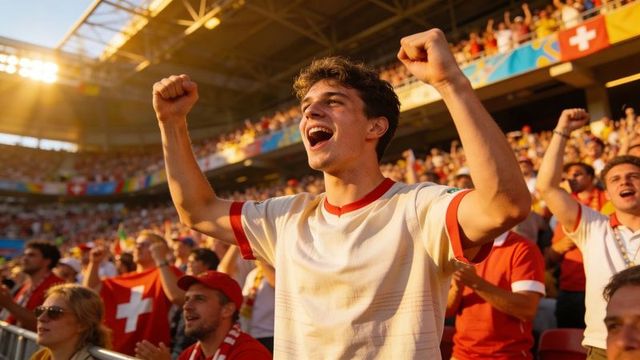 Young swiss fan cheering in stadium sunlight celebrating victory with raised fists