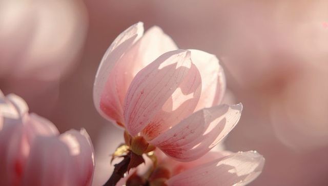 Delicate Pale Pink Blossom Catching Morning Dew, Translucent Veined Petals, Soft Bokeh