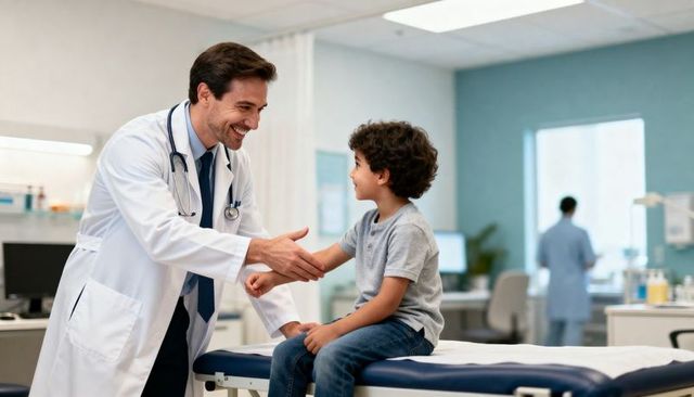 Smiling doctor shaking hands with young boy on exam table in bright pediatric clinic