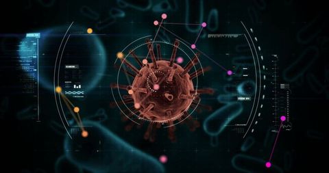 Spiked virus simulation with HUD tracking, neon nodes and diagnostics for biotech research