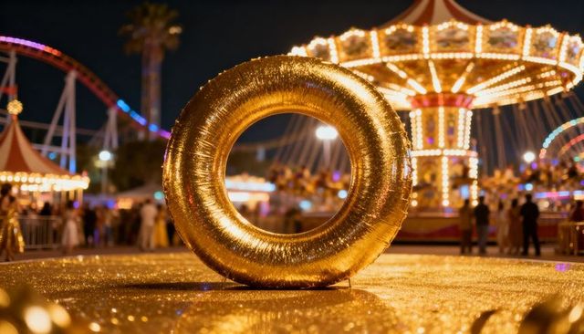Golden inflatable ring reflecting carnival lights at night in glittering fairground scene