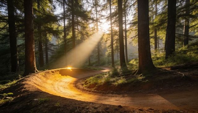 Sunbeam illuminating curved berm trail through misty pine forest morning