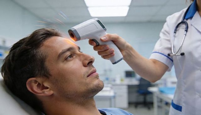Nurse measuring patient forehead temperature with infrared thermometer in modern clinic