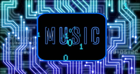 Neon Digital Circuitry with Data and Music Theme