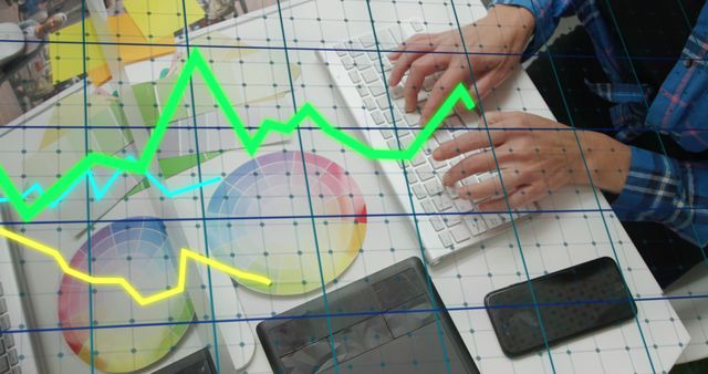 Person analyzing data on laptop with various business charts on table, useful for illustrating themes of data analysis, finance, technology in business, and modern workspace dynamics. Excellent for financial planning blogs, business reports, and technology content.