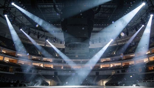 Dramatic Concert Lighting Converging Spotlights Over Empty Circular Stage in Large Arena