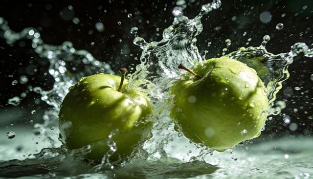 Green apples splashing in dramatic water arcs, crisp droplets and high-speed motion
