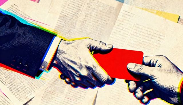 Pop art hands exchanging red card over documents representing business bribe transaction