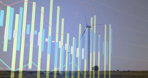 Wind turbine overlapping financial chart: sustainable energy concept