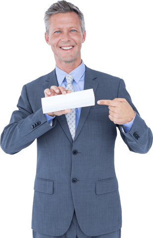 Confident businessman pointing at transparent sign for marketing