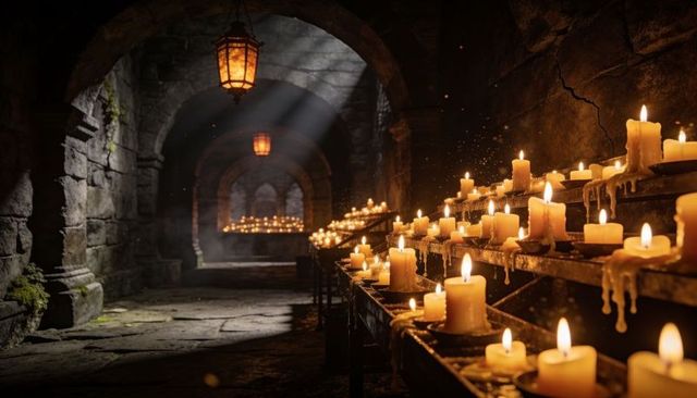 Glowing pillar candles melting wax on iron racks casting warm light ancient stone corridor