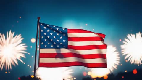 American Flag in Front of Fireworks Display Celebrating Independence