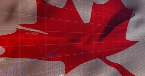 Combines national symbolism with elements of financial market data, reflecting themes of Canada in a global financial context. Useful for articles, presentations, or reports about Canada's economy, financial market trends, or global economic impact. Provides a visually engaging way to represent financial analysis, economy overviews, or international business concepts.