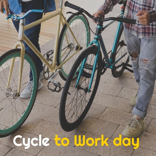 Bicyclists walking with their bikes on a paved footpath, promoting eco-friendly commuting. An ideal visual for campaigns, advertisements, and articles about sustainable transport, urban commute, fitness, and Cycle to Work Day events.
