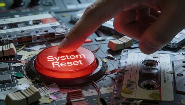 Index finger pressing red system reset button on retro audio console with cassette tapes