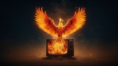 Fantastical Phoenix Rising from Vintage Television Set
