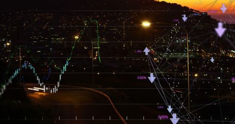 Financial Data Overlay on Cityscape with Road Traffic at Dusk