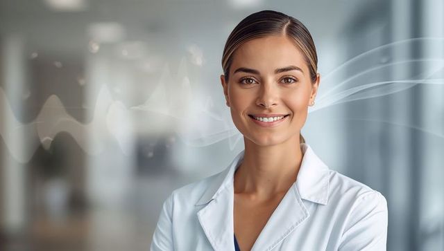 Smiling female clinician in white lab coat standing in modern clinic corridor with waveform